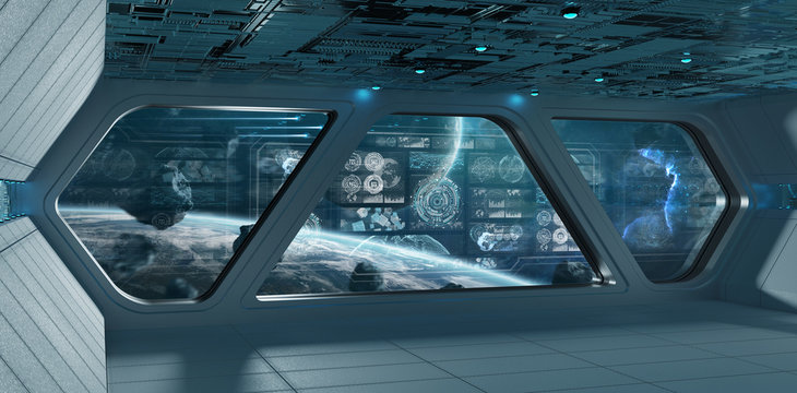 Blue spaceship interior with control panel screens 3D rendering