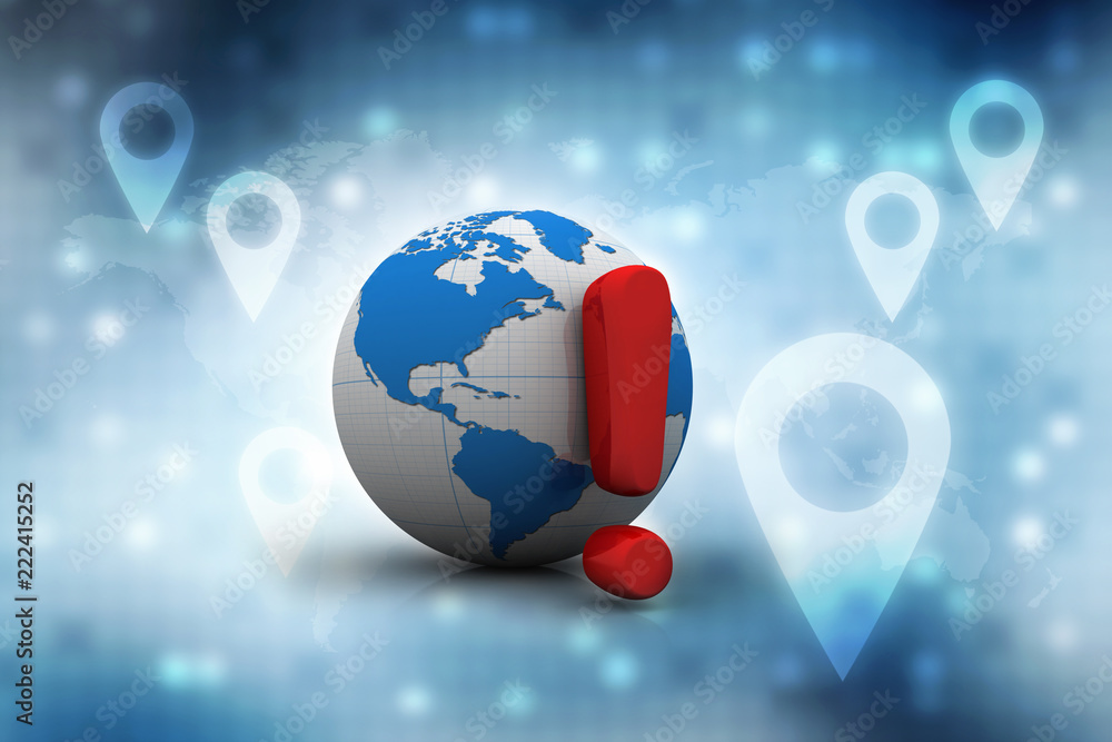 Poster 3d rendering exclamation mark and globe