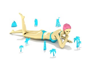 Beautiful sexy fitness girl lying on floor surrounded by icon relative to tropical vacations. Pretty woman wearing bikini. 3D rendering.