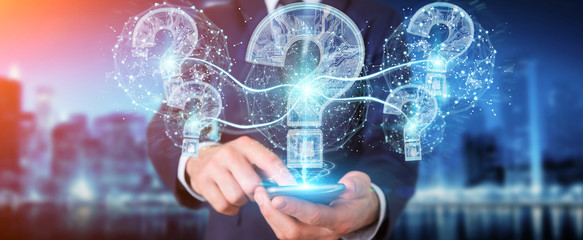 Businessman solving problem with digital question marks 3D rendering