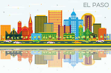 Fototapeta na wymiar El Paso Texas City Skyline with Color Buildings, Blue Sky and Reflections.