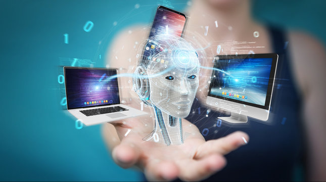 Businesswoman using white humanoid controlling modern devices 3D rendering