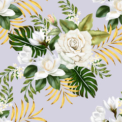 Seamless background pattern.Roses , magnolia white little flowers with leaves.  Watercolor, hand drawn. Vector illustration