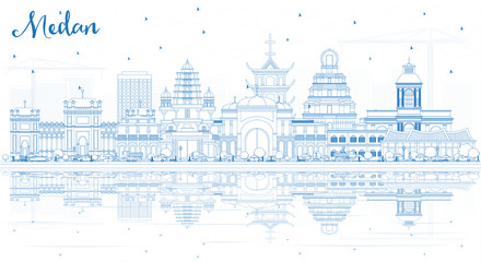 Outline Medan Indonesia City Skyline with Blue Buildings and Reflections.
