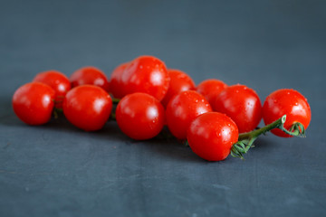 Fresh cherry tomatoes on branch on a dark background