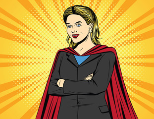 Vector color pop art comic style illustration of a business woman in a super hero costume. Beautiful blonde in an office suit with arms crossed on her chest. Vintage poster of a successful woman