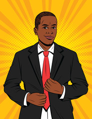 Vector color pop art style illustration of a businessman in suit. A handsome African-American guy in a black jacket. Happy successful Office manager