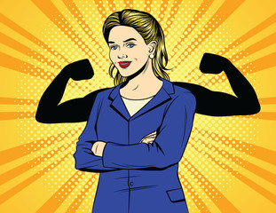 Vector color pop art comic style vintage poster of strong business woman. A woman worker in an office suit with muscles over halftone dot background. Female power. A female boss shows a strength.