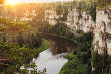 Sunset over the Ural Mountains. Canyon of the Ai River