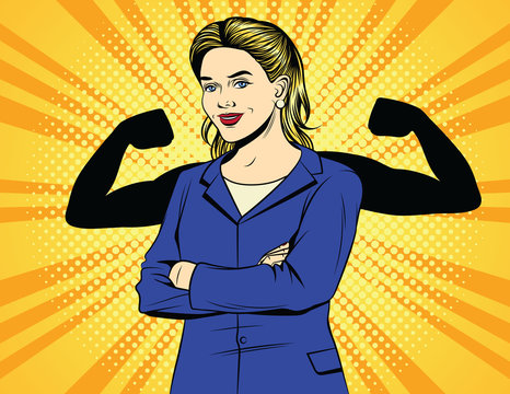 Vector Color Pop Art Comic Style Vintage Poster Of Strong Business Woman. A Woman Worker In An Office Suit With Muscles Over Halftone Dot Background. Female Power. A Female Boss Shows A Strength.