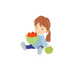 Cute little baby girl eating healthy food, snack for children. Cartoon colorful  Illustrations isolated