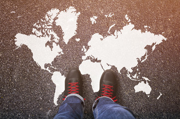 World map on an asphalt road - obrazy, fototapety, plakaty