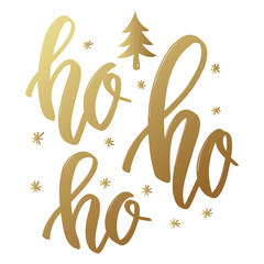 Ho ho ho. Lettering phrase in golden style on white background. Design element for poster, greeting card.