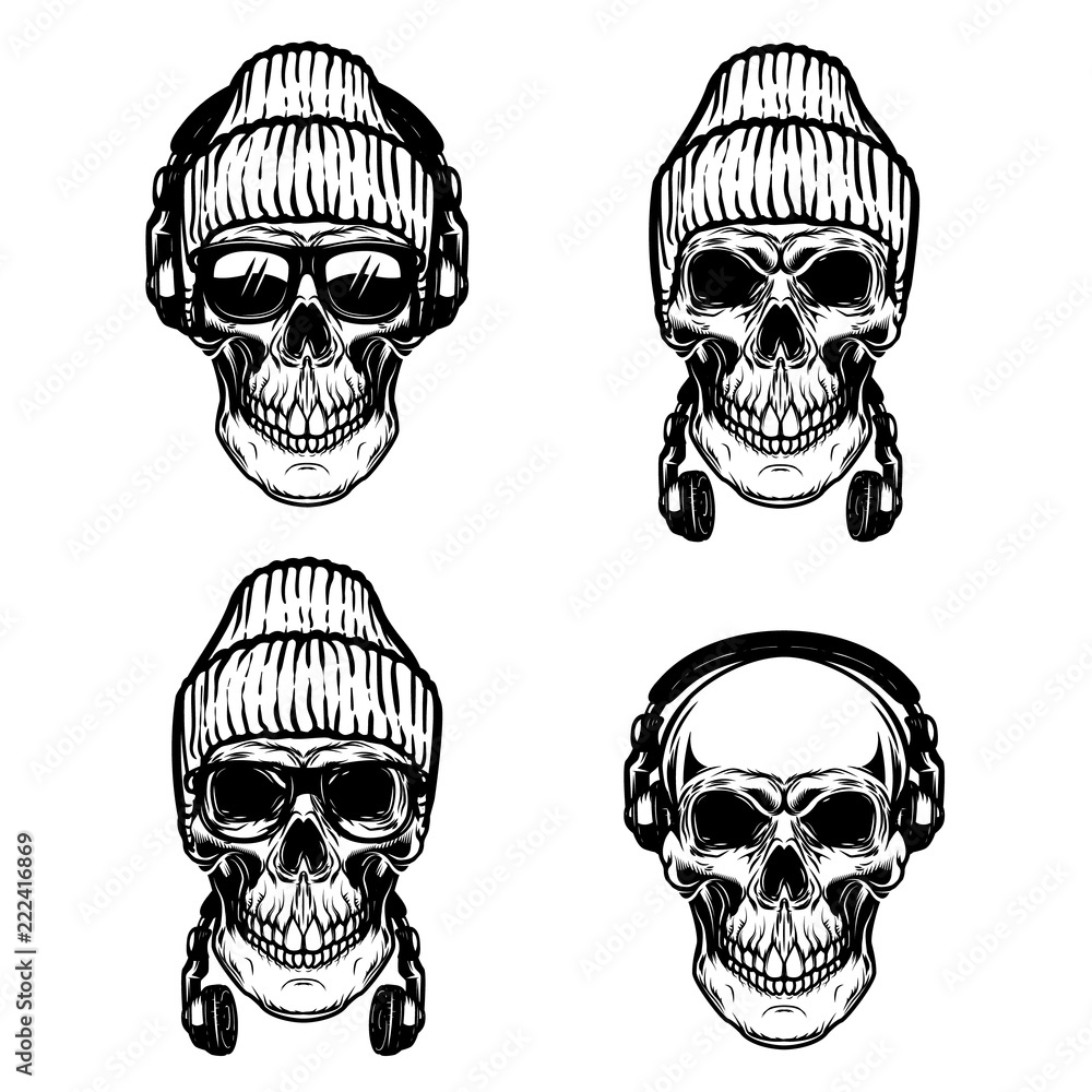 Wall mural Set of human skulls with headphones. Design elements for t shirt, poster, emblem, sign.