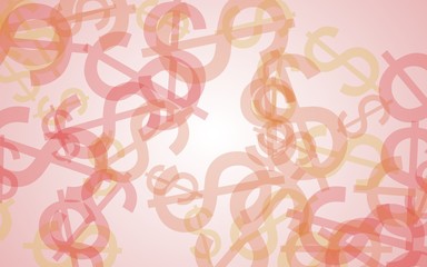 Multicolored translucent dollar signs on white background. Orange tones. 3D illustration