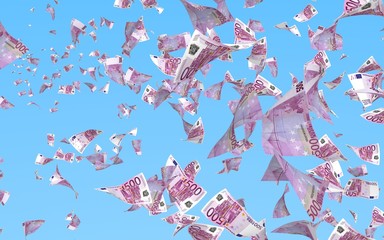Flying euro banknotes isolated on a blue background. Money is flying in the air. 500 EURO in color. 3D illustration