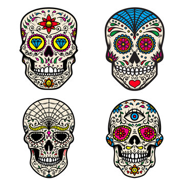 Set of colorful sugar skull isolated on white background. Day of the dead. Design element for poster, card, banner, print.