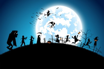 illustration blue background concept,many people with men and women wearing as ghost and devil for festival halloween,full moon on dark night with happy children for celebration halloween day