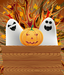 Halloween background with wooden board and ghosts.