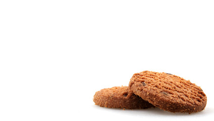 Chocolate chip cookie on white background.