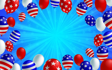 Obraz premium Blue color burst background poster flyer banner. American flag balloon vector design. Holiday celebration concept template.