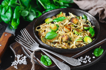 Soy pasta, fried garlic, Brussels sprouts