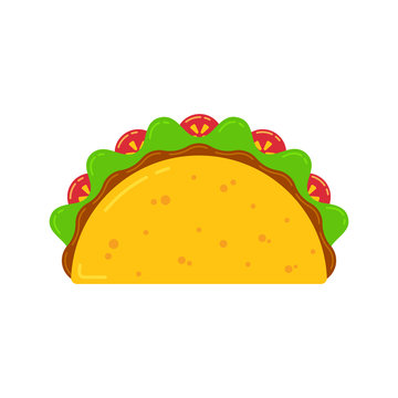 Mexican cuisine fast food delicious tacos drawing. Vector flat illustration traditional taco meal with meat sauce, beef or chicken, tomato and salad isolated on white background for cafe menu.