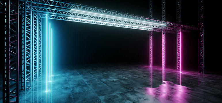 Sci-FI Futuristic Modern Dark Stage Structure On Concrete Wet Floor With Purple And Blue Glowing Neon Tube Lights Empty Space Wallpaper Background 3D Rendering