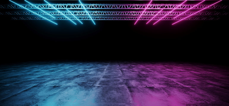 Sci-FI Futuristic Modern Dark Stage Structure On Concrete Floor With Purple And Blue Glowing Neon Tube Lights Empty Space Wallpaper Background 3D Rendering