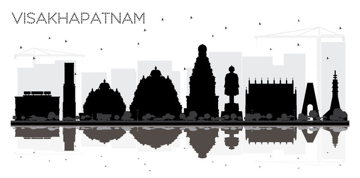 Visakhapatnam India City skyline black and white silhouette with Reflections.