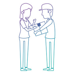 delivery worker lifting box and receiving woman