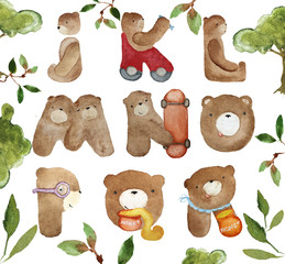 Funny Watercolor alphabet with cute bears characters on white background