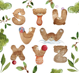 Funny Watercolor alphabet with cute J K L M N O P Q R bears characters on white background