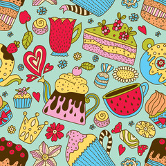 Tea time. Cute seamless pattern. 
