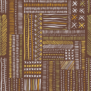 Hand Drawn Clay Tones Tribal Marks, Cross Stitches On Brown Background Vector Seamless Pattern. Abstract Geometric Print