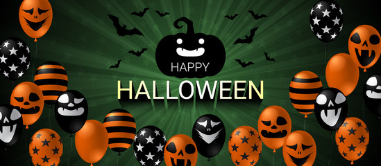 Happy Halloween banner with scary balloon on dark background design. Halloween celebration concept advertising vector illustration.
