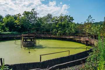 Abandoned wastewater treatment plant. Overgrown sewage purification tank with green water