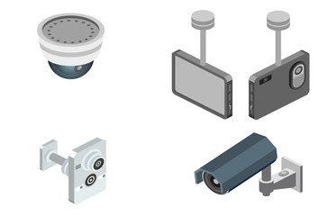 Security alarm and CCTV surveillance system vector illustration. Isolated set of digital video cameras with infrared sensors for home or property safety monitoring against burglary theft intruders