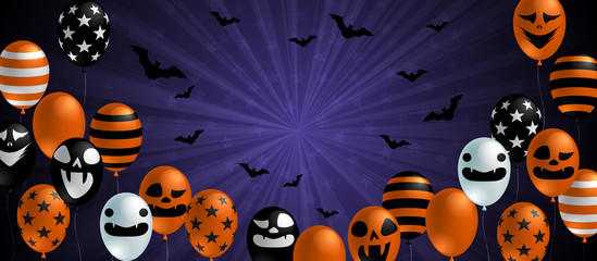 Halloween background with scary balloon on orange and black design. Halloween celebration concept advertising vector illustration.