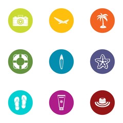 Sandy beach icons set. Flat set of 9 sandy beach vector icons for web isolated on white background