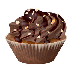 Vector realistic chocolate cupcake, muffins with cream and nuts. 3d icon stock illustartion