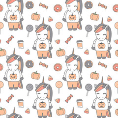 cute cartoon halloween seamless vector pattern background illustration with unicorns, pumpkins, donuts and candies