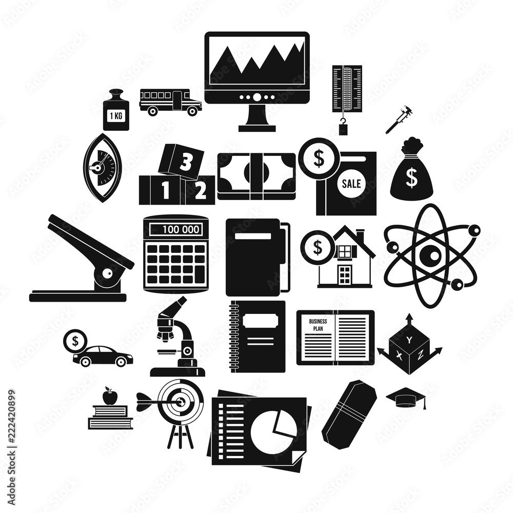 Poster adding machine icons set. simple set of 25 adding machine vector icons for web isolated on white bac