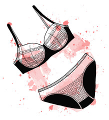 Sketch of female lace underwear. Vector illustration. Stylized watercolor