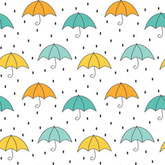 Fototapeta premium cute cartoon autumn seamless vector pattern background illustration with umbrellas and rain