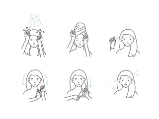 Beauty fashion girl apply hair mask. Line style vector illustration.
