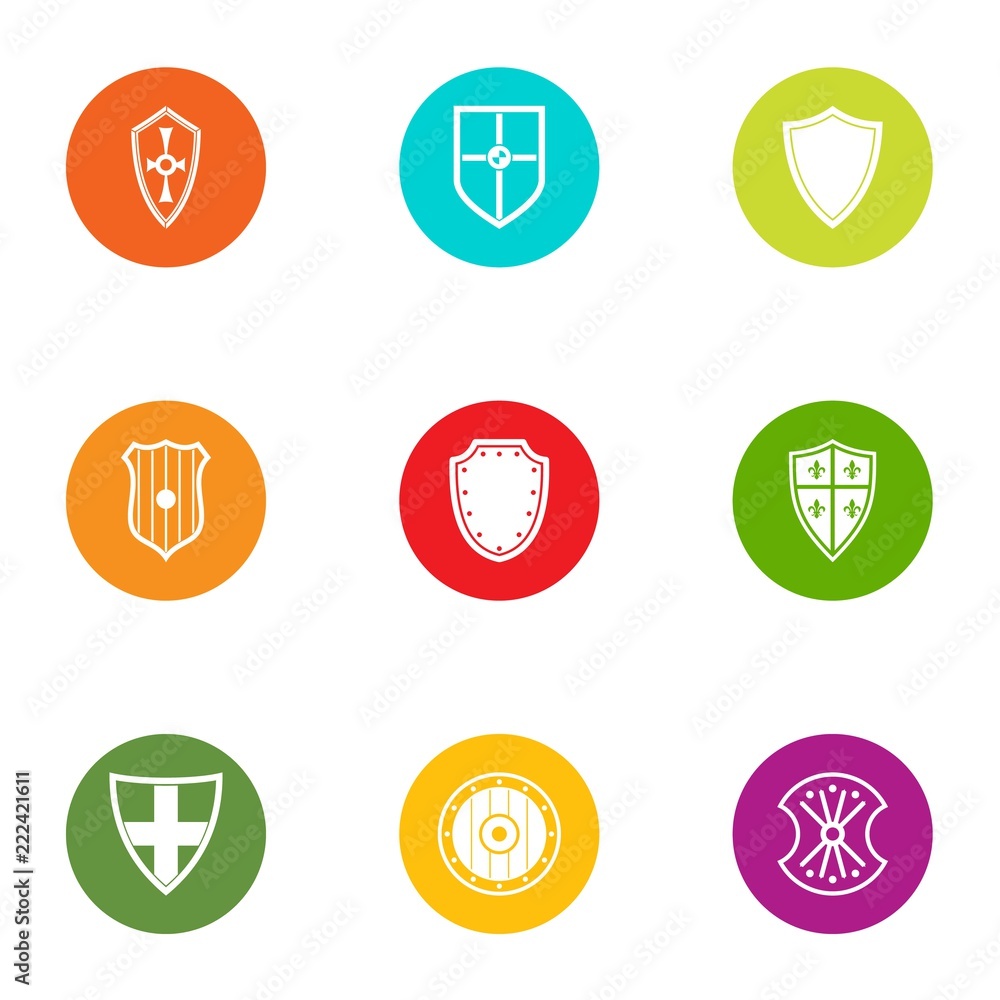 Poster tower shield icons set. flat set of 9 tower shield vector icons for web isolated on white background
