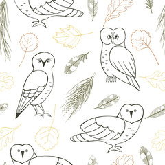 Forest owls.Vector seamless pattern