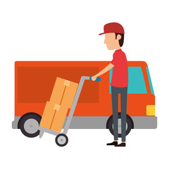 delivery worker with cart and truck