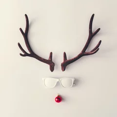 Foto op Plexiglas Santas reindeer made of antlers, white sunglasses and red New Year bauble decoration. Minimal winter holiday concept. © Zamurovic Brothers